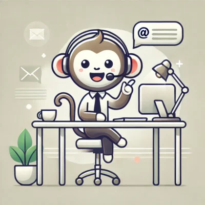 DALL·E 2025-02-05 08.08.37 - A minimalist and professional illustration of a cheerful monkey mascot sitting at a simple desk. The monkey is wearing a headset and gesturing gently,